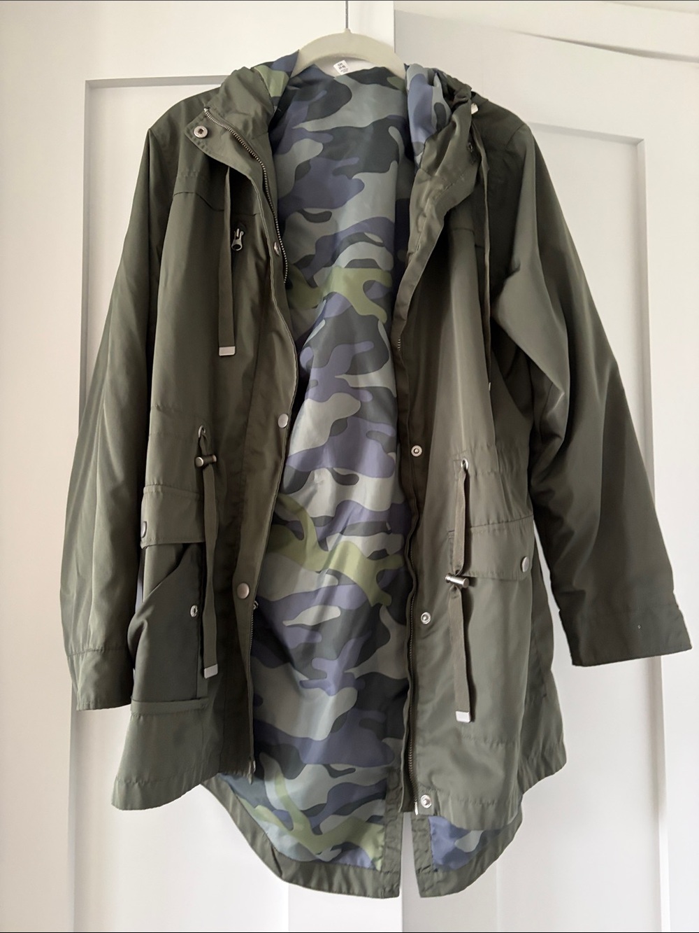 Time and Tru Olive Green Hooded Utility Jacket with Camo Lining